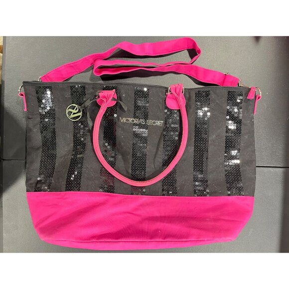 Victorias Secret Black & Pink Sequin Tote Bag Weekender Limited Edition - Picture 8 of 10